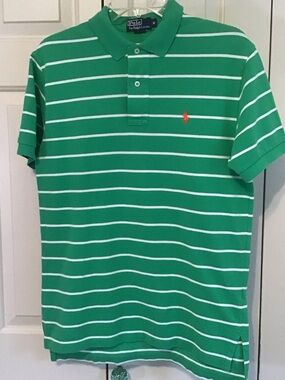 Polo by Ralph Lauren Green and White Striped Polo with Orange Pon